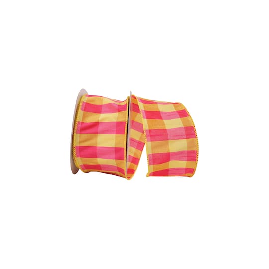 JAM Paper 2.5" x 10yd. Yellow & Fuchsia Check Dupioni Wired Ribbon